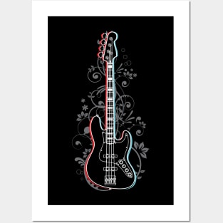 Bass Guitar 3D Outline Flowering Vines Posters and Art